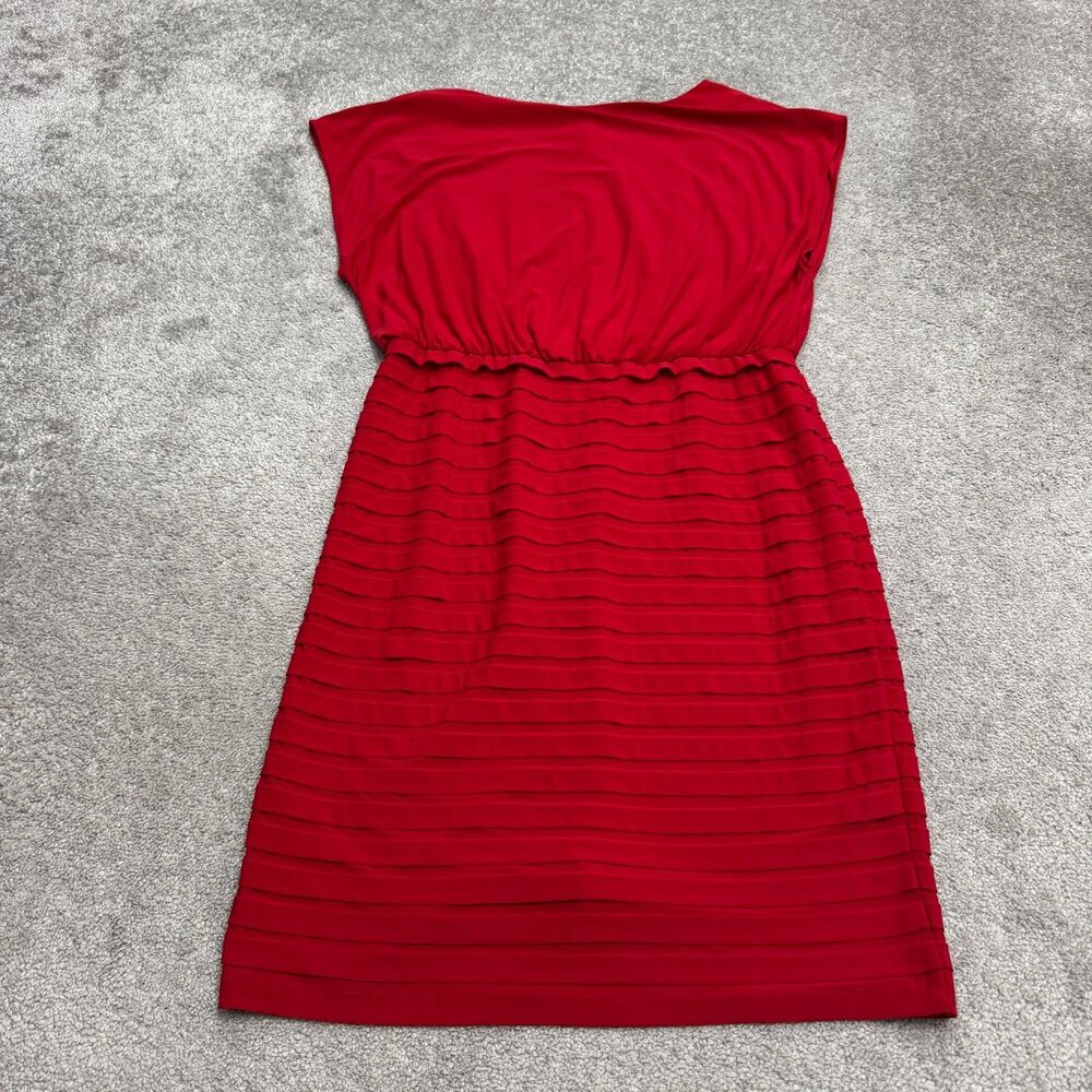 Adrianna Papell Shutter Pleated Tiered Sheath Dress Womens 14 Red Knee Length
